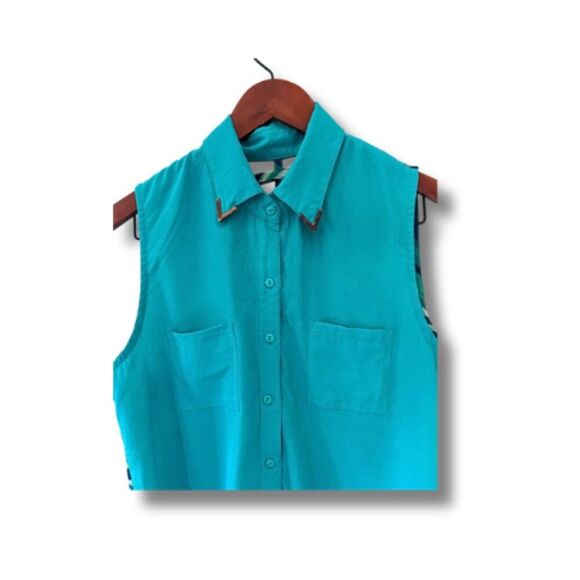 Material Girl Teal Button-Down Sleeveless Blouse Size M Striped Back - Picture 6 of 8